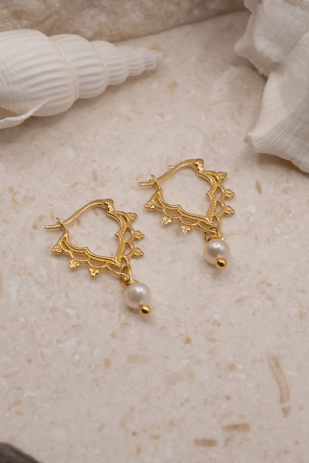 Golden Pearl Crown Hoops