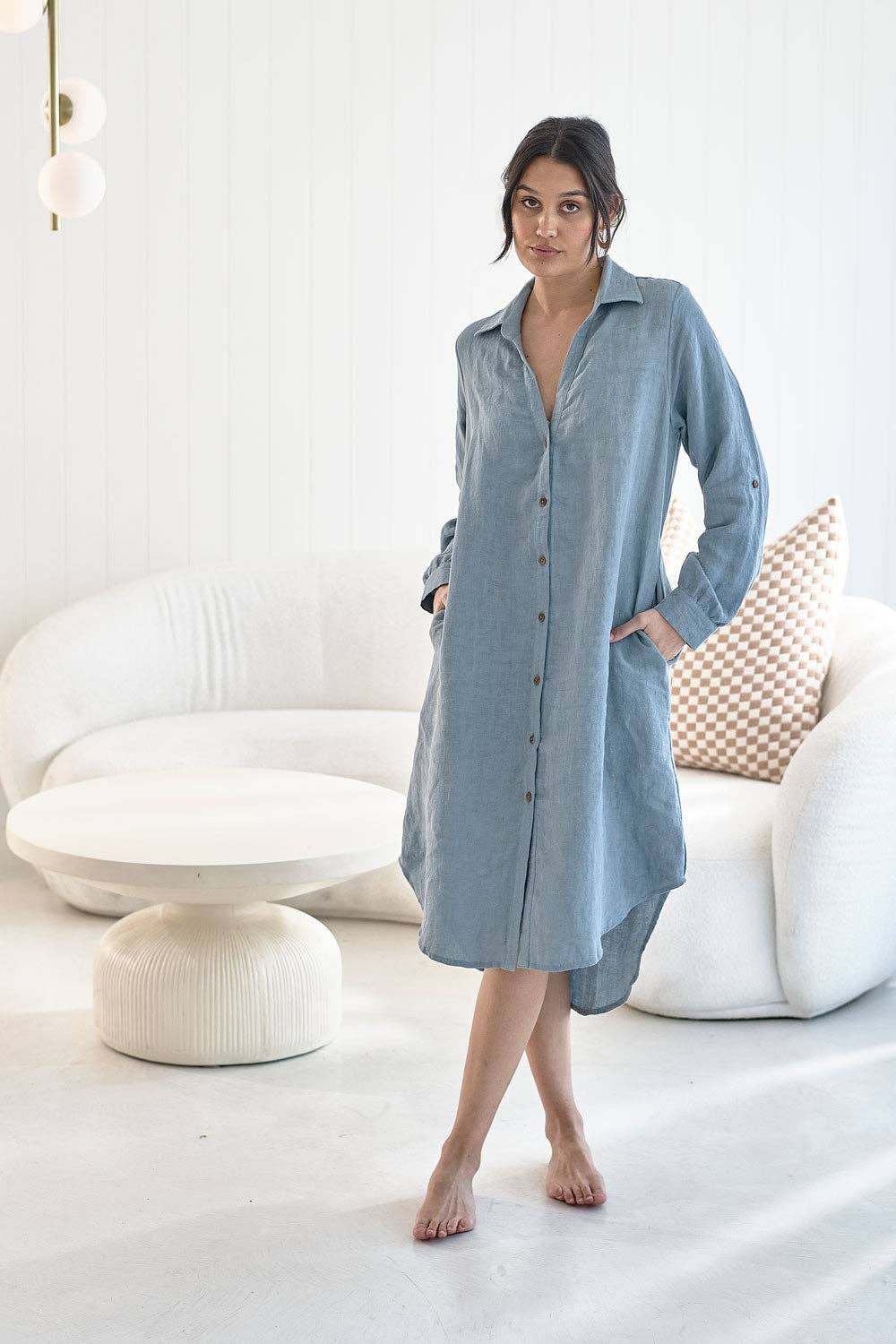 Linen Shirt Dress - Blue