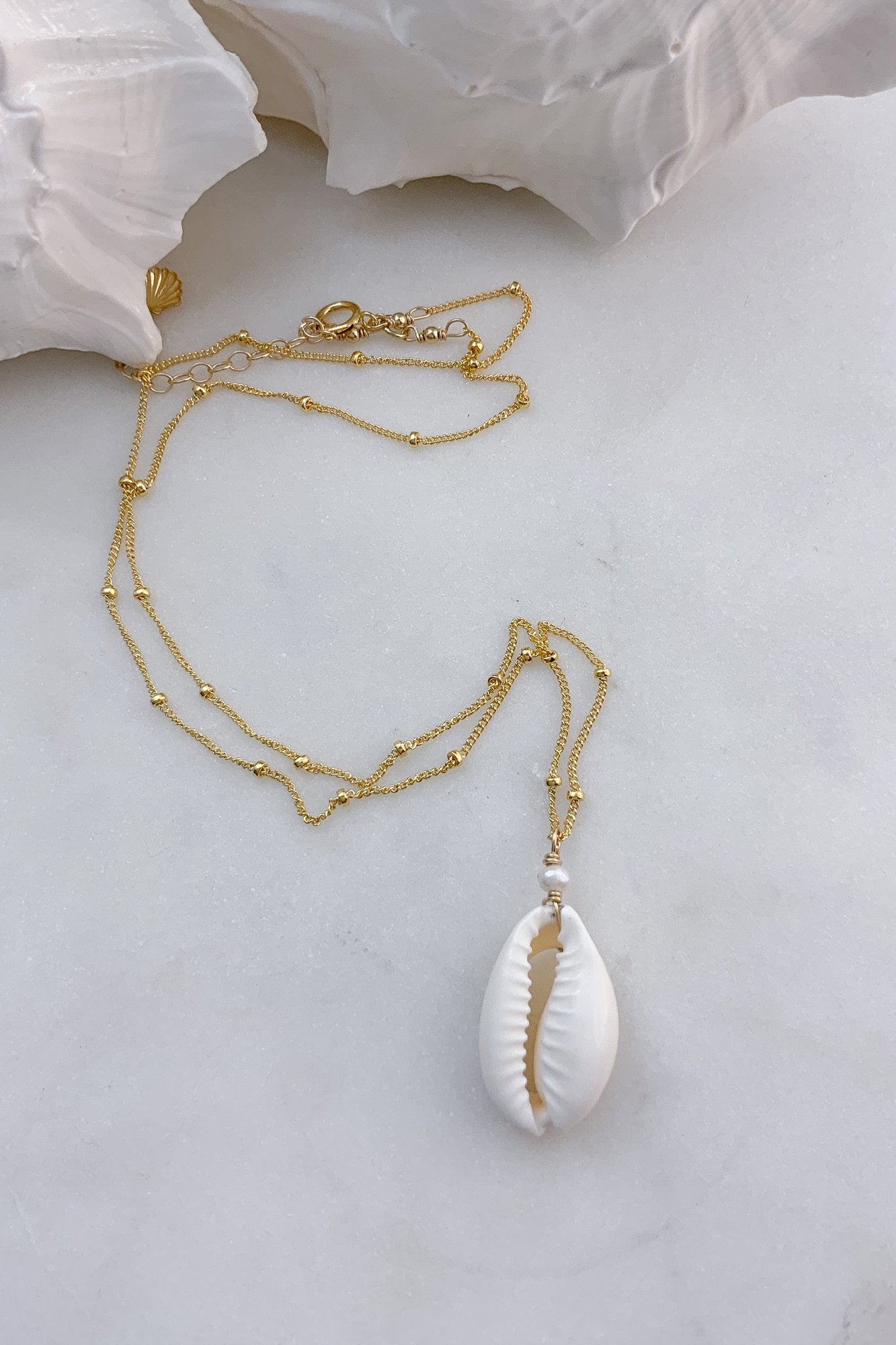 Cowrie Pearl Satellite Necklace - gold fill