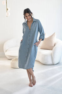 Linen Shirt Dress - Blue