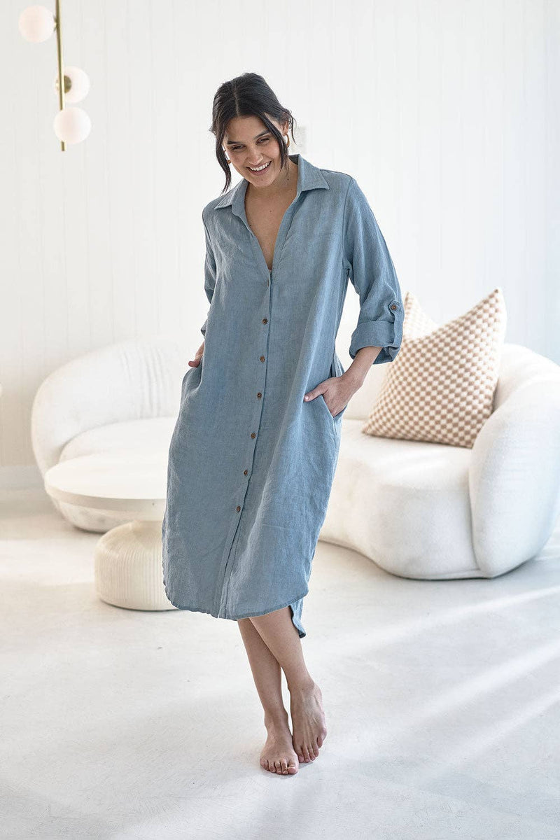 Linen Shirt Dress - Blue