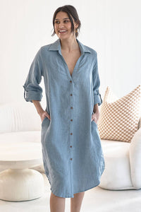 Linen Shirt Dress - Blue