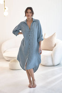 Linen Shirt Dress - Blue