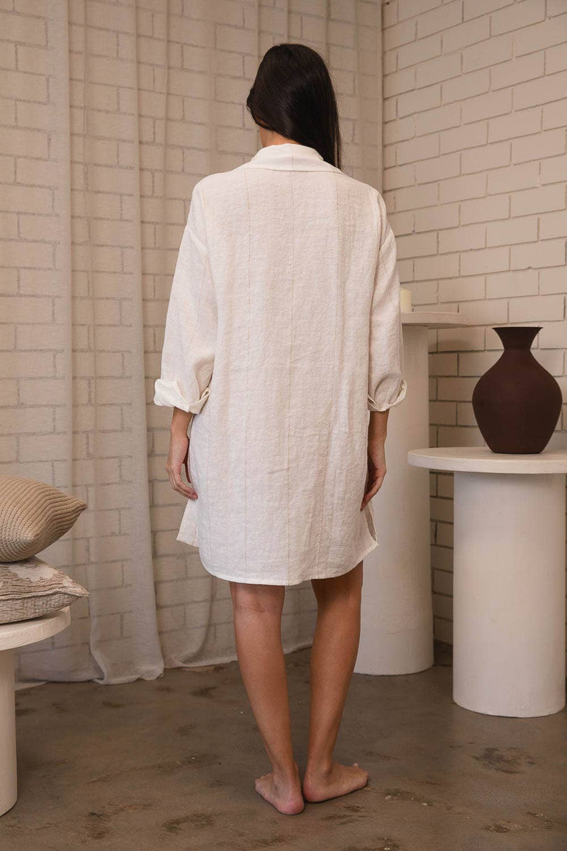 Linen Shift Dress - Off White w' Natural Stripe