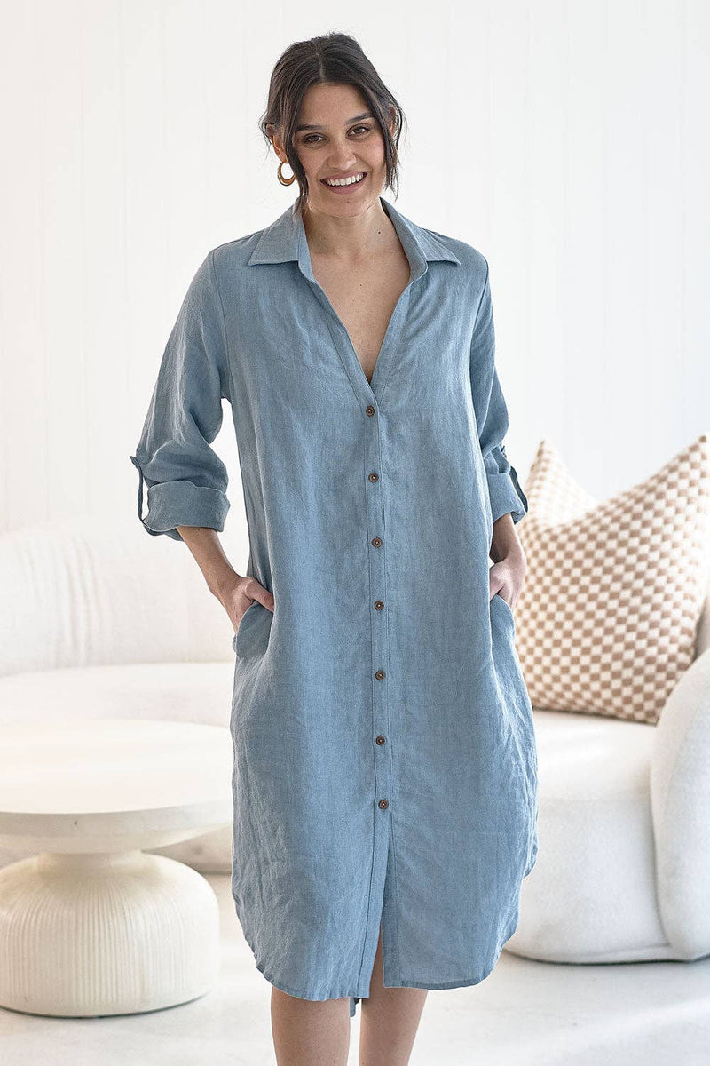 Linen Shirt Dress - Blue
