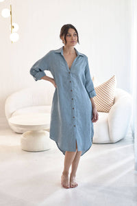 Linen Shirt Dress - Blue