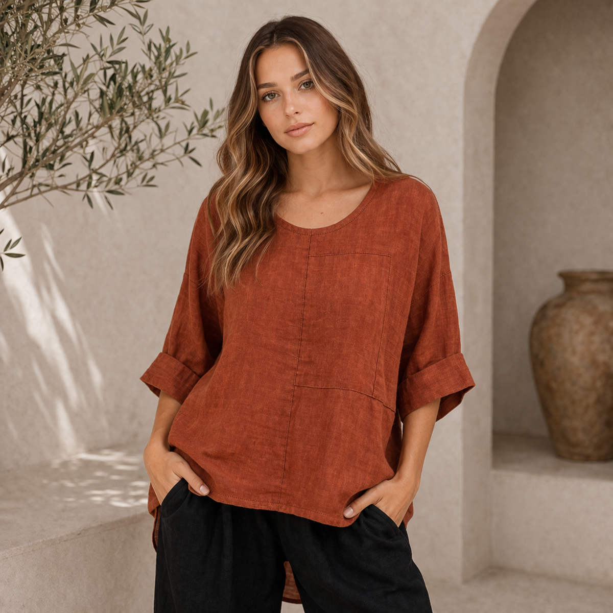 Italian Linen Top - Rust