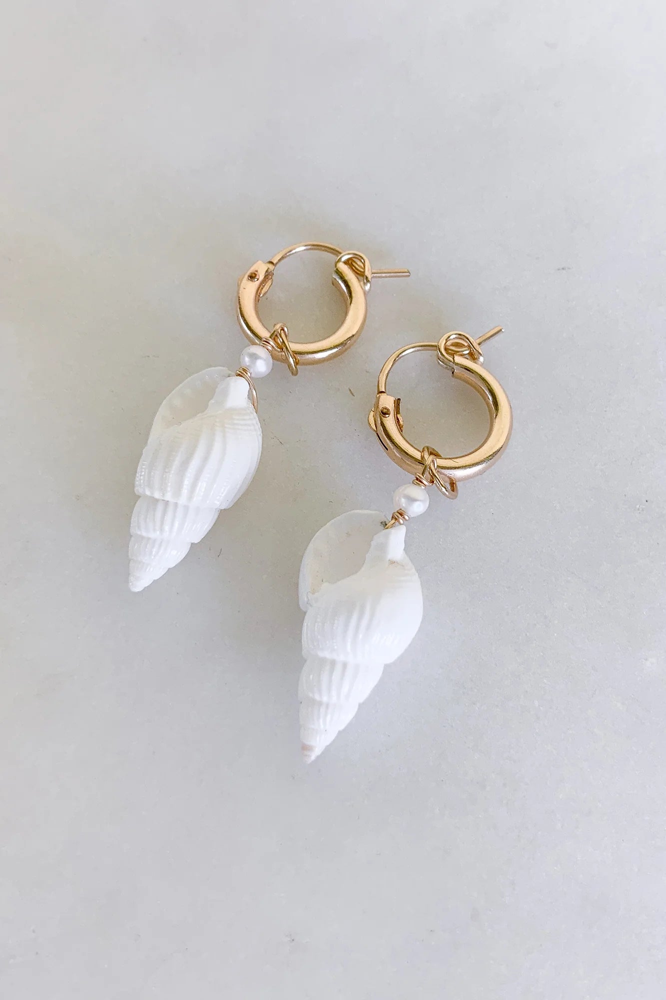 Cone Shell Pearl Hoops - gold fill