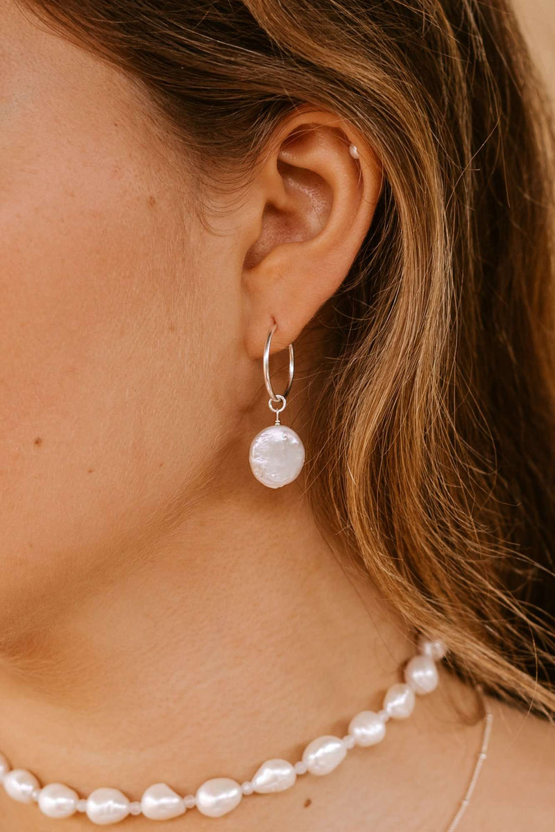 Round Pearl Hoops - sterling silver
